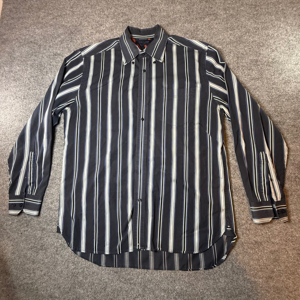 Tommy Hilfiger Mens Navy Blue White Striped 80s Two Ply Cotton Shirt Size M